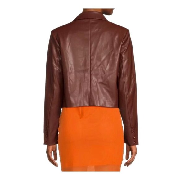 NWT Area Stars Brown Faux‎ Leather Double-Breasted Cropped Blazer Jacket - Picture 5 of 12